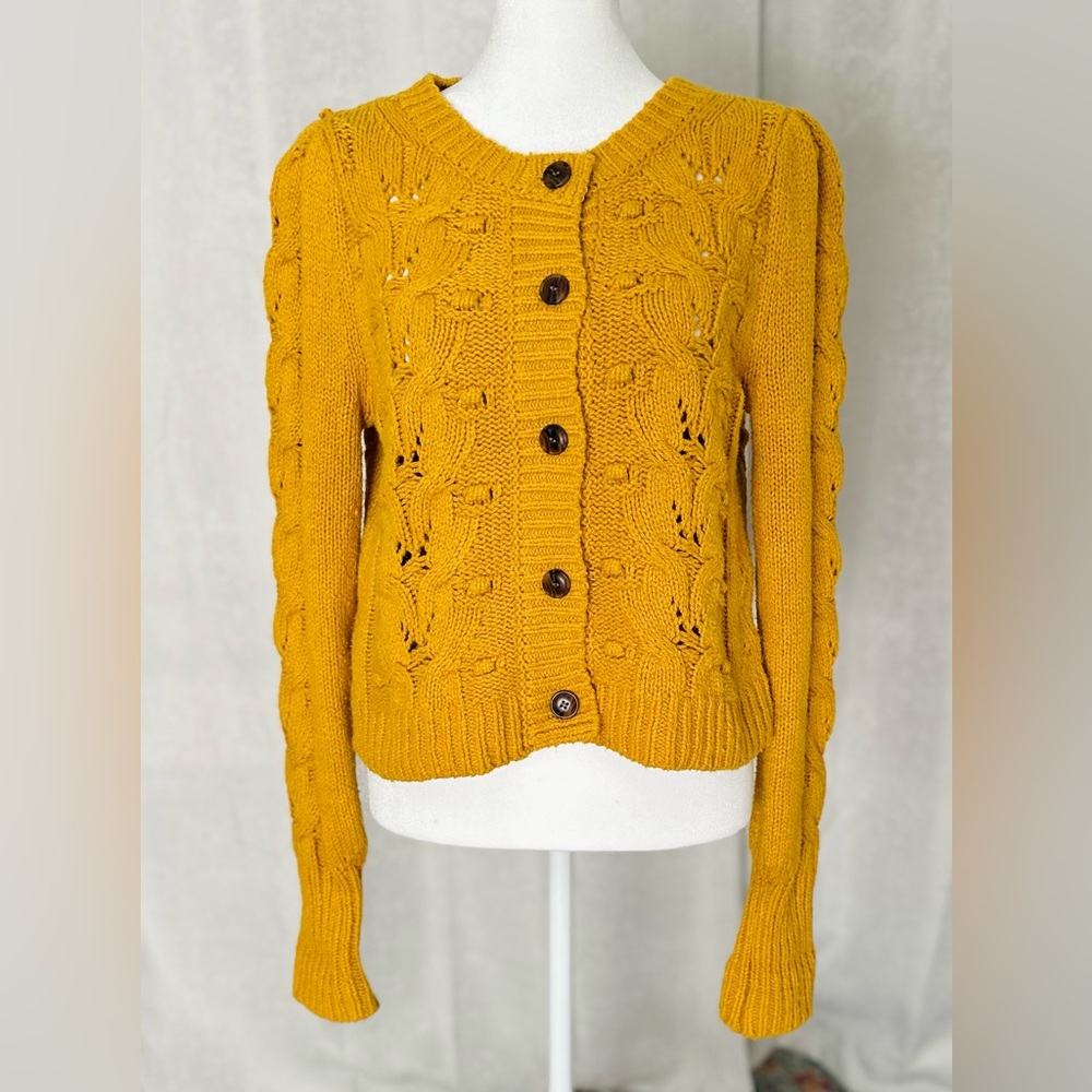 Maeve Cable-Knit Puff-Sleeve Cardigan Sweater